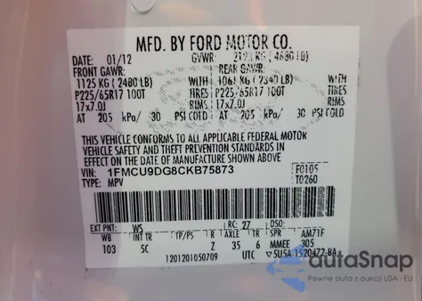 2012 Ford Escape Xlt z USA, uszkodzony, nr VIN 1FMCU9DG8CKB75873